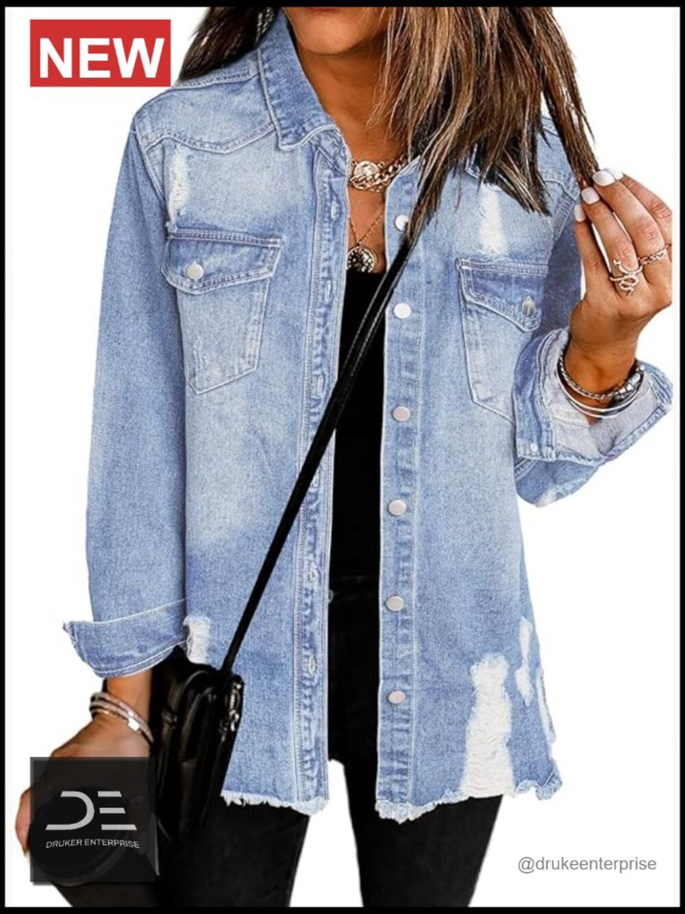 Oversized Denim Jacket Long Sleeve Distressed Jean Jacket
